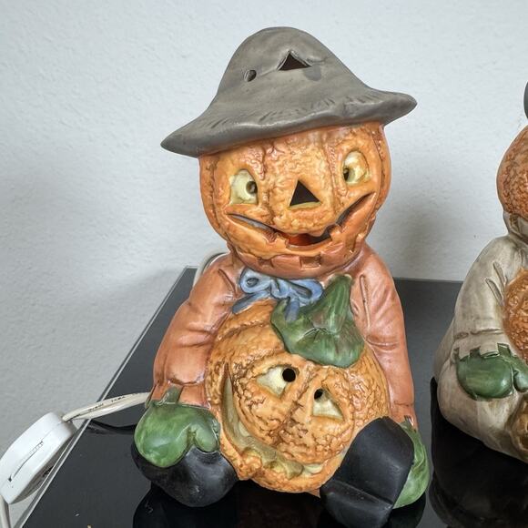 Vintage Brinn’s Ceramic Halloween Jack O Lantern Light Set Of 3 Mr. Pumpkin Work - Picture 2 of 13